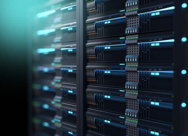 super computer server racks in datacenter. 3d illustration stock photo
