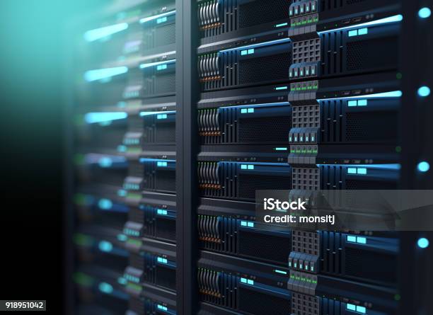 Super Computer Server Racks In Datacenter 3d Illustration Stock Photo - Download Image Now