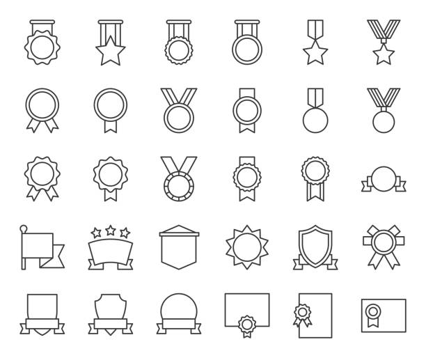 medal and badge template, outline icon medal and badge template, outline icon gold metal symbols stock illustrations