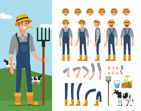 Farmer man  character constructor and objects for animation scene.  Set of various men's poses, faces, hands, legs. Flat style vector illustration isolated on white background.
