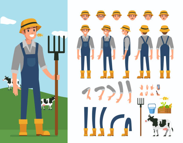 farmer Farmer man character constructor and objects for animation scene. Set of various men's poses, faces, hands, legs. Flat style vector illustration isolated on white background. farmer stock illustrations