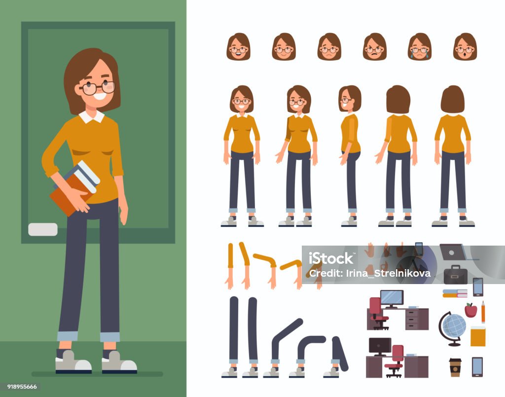 student Student  character constructor and objects for animation.  Set of various women's poses, faces, hands, legs. Flat style vector illustration isolated on white background. Characters stock vector