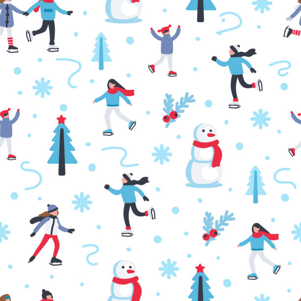 skating pattern Seamless pattern with people skating on ice rink in winter season. Flat style vector illustration. ice skating vector stock illustrations