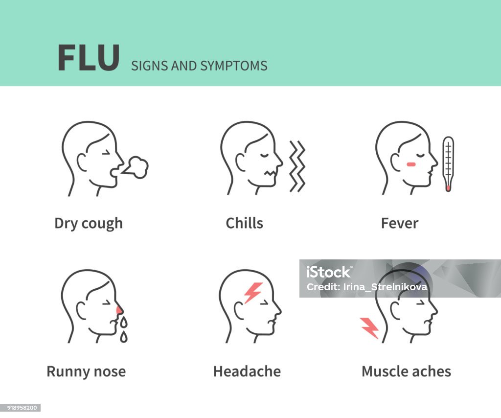 symptoms Flu disease symptoms infographic collection. Line style vector illustration isolated on white background. Flu Virus stock vector