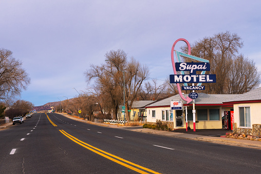 Seligman, Arizona, USA - January 2, 2018 : Supai Motel neon sign  and building located directly on historic Route 66 in Seligman, Arizona.