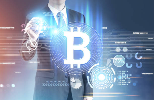 istock Glowing marker businessman, bitcoin hologram 918970376