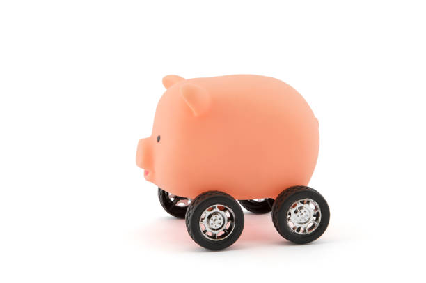 istock Piggy bank on wheels isolated on white 918970646