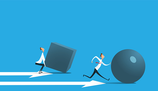 Businessman pushing sphere and leading the race against group other not so lucky guy pushing boxes. Concept of innovation in business, winning strategy, efficiency. Vector