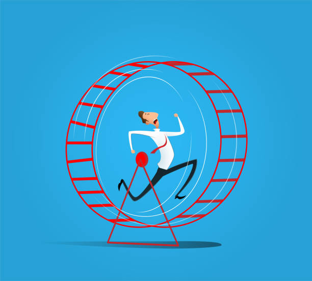 Cartoon businessman running in hamster wheel. Cartoon businessman running in hamster wheel. Rat race and worcaholic concept. Vector illustration. rat race stock illustrations