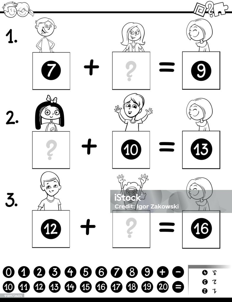 addition educational game color book with kids Black and White Cartoon Illustration of Educational Mathematical Addition Puzzle Game for Preschool and Elementary Age Children with Boys and Girls Comic Characters Coloring Book Algebra stock vector