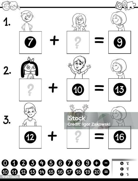 Addition Educational Game Color Book With Kids Stock Illustration - Download Image Now - Algebra, Black And White, Book