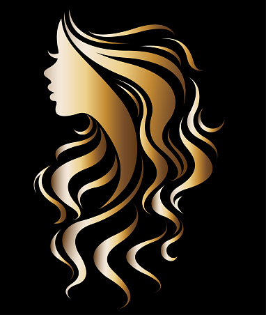 illustration vector of women silhouette golden icon, women face symbol on black background