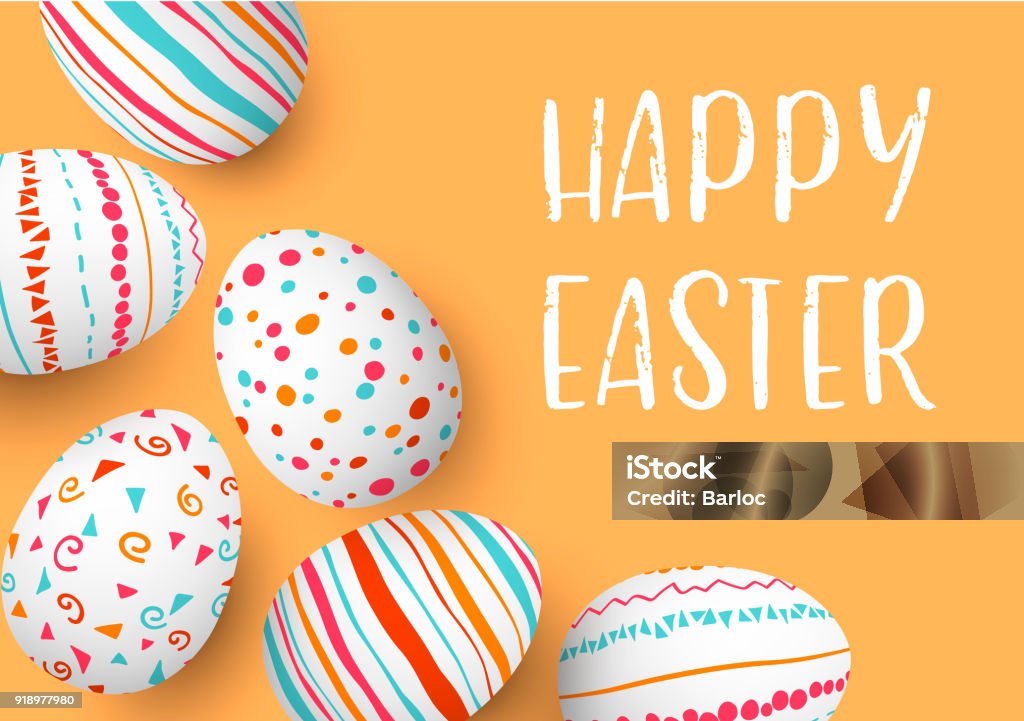 Happy Easter eggs frame with text. Colorful easter eggs on golden background. hand font. Scandinavian ornaments. simple orange, red, blue stripes, patterns Happy Easter eggs frame with text. Colorful easter eggs on golden background. hand font. Scandinavian ornaments. simple orange, red, blue stripes, patterns , confetti, vector illustration Easter stock vector