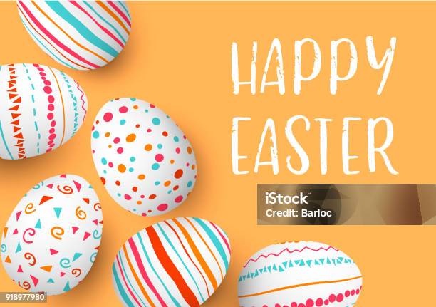 Happy Easter Eggs Frame With Text Colorful Easter Eggs On Golden Background Hand Font Scandinavian Ornaments Simple Orange Red Blue Stripes Patterns Stock Illustration - Download Image Now