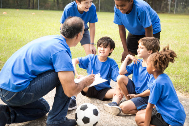 istock Soccer team coach explains next play to his children's team. 918978922