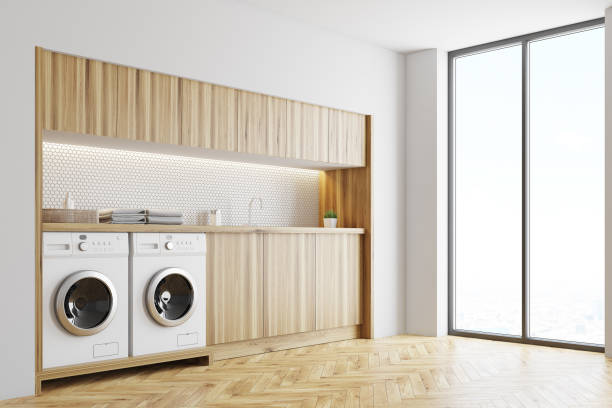 istock White and wooden laundry room, side 918984932