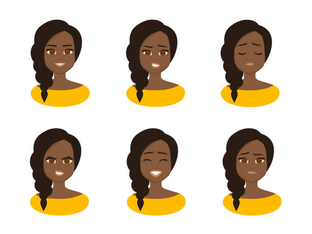 Set facial expressions of Young african  business woman wearing yellow costume. Set facial expressions of Young african  business woman wearing yellow costume. Black  Woman Face. Vector illustration isolated from white background smirk stock illustrations