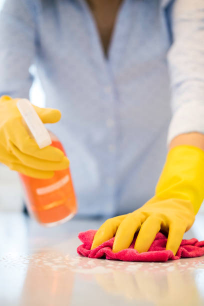 キッチンの表面をきれいにするスプレーの光沢をしている女の人のクローズ アップ - cleaning domestic kitchen counter top housework ストックフォトと画像