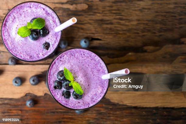 Blueberry Smoothies Stock Photo - Download Image Now - Smoothie, Blueberry, Top - Garment