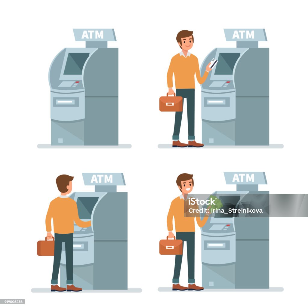 atm Man customer using  credit card in atm machine and withdraw money. Flat style vector illustration isolated on white  background. ATM stock vector