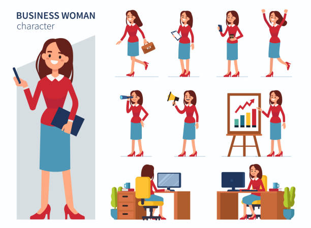 Business woman Business woman character in different poses. Flat style vector illustration isolated on white background. businesswoman illustrations stock illustrations