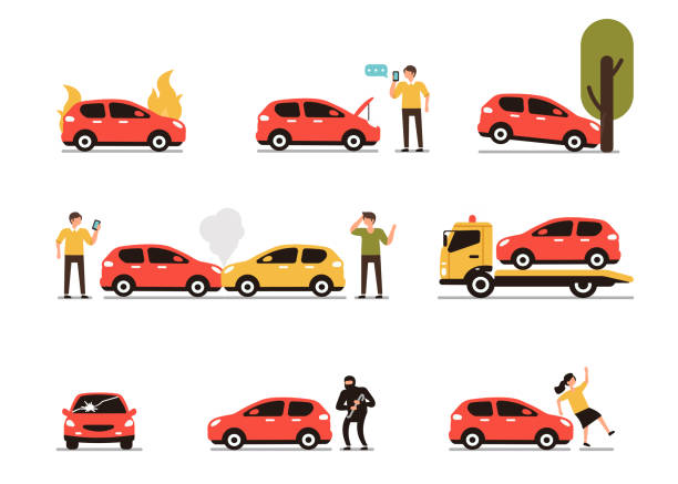 illustrazioni stock, clip art, cartoni animati e icone di tendenza di incidenti automobilistici - car fire accident land vehicle