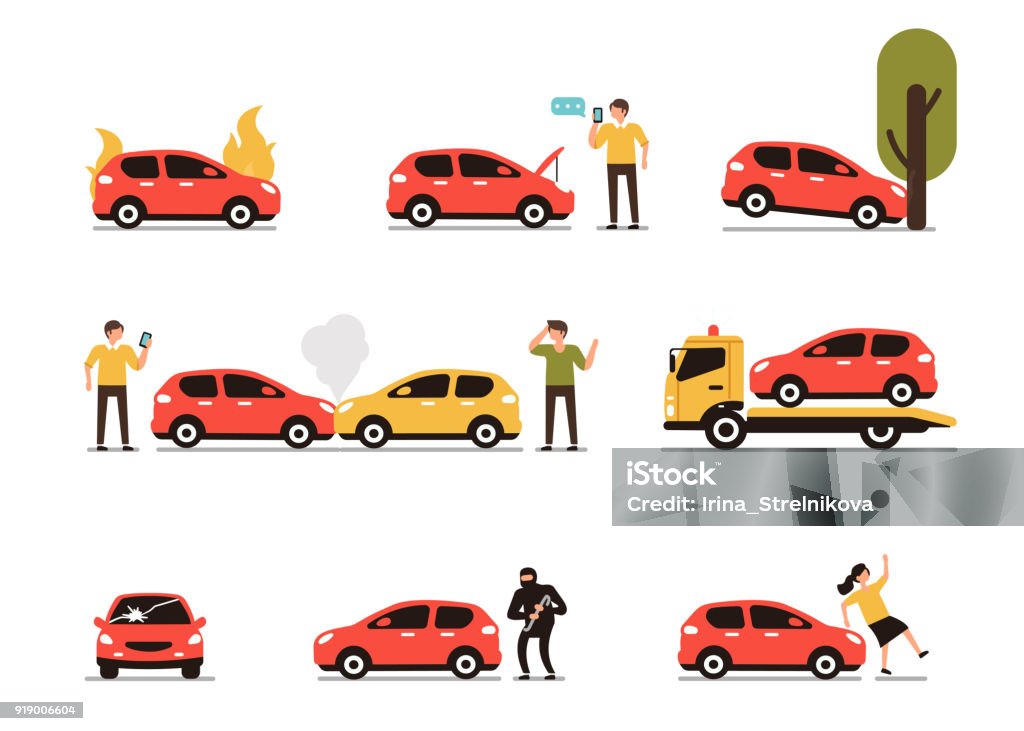 Car accidents Different car accidents with people. Types of Insurance cases.  Flat style minimal vector illustration isolated on white background. Car stock vector