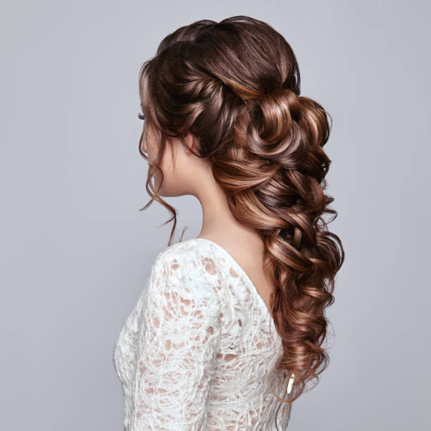 brunette woman with long and shiny curly hair - ponytail hairstyle female back imagens e fotografias de stock