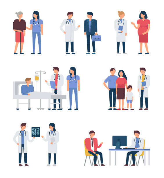 Doctors Different medical staff with their patients.  Flat style minimal vector illustration isolated on white background. patient illustrations stock illustrations