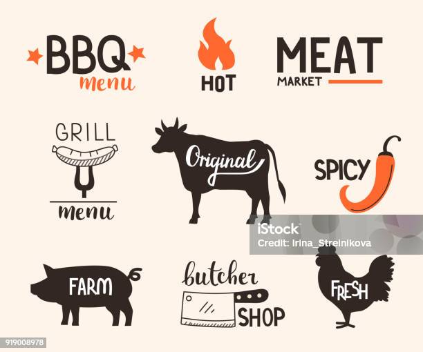 Distintivi - Immagini vettoriali stock e altre immagini di Carne di pollo - Carne di pollo, Maiale - Ungulato, Disegnare