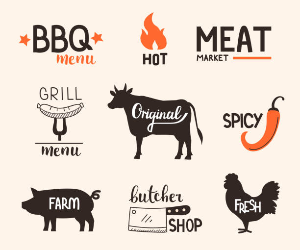 ilustrações de stock, clip art, desenhos animados e ícones de badges - pig pork meat barbecue