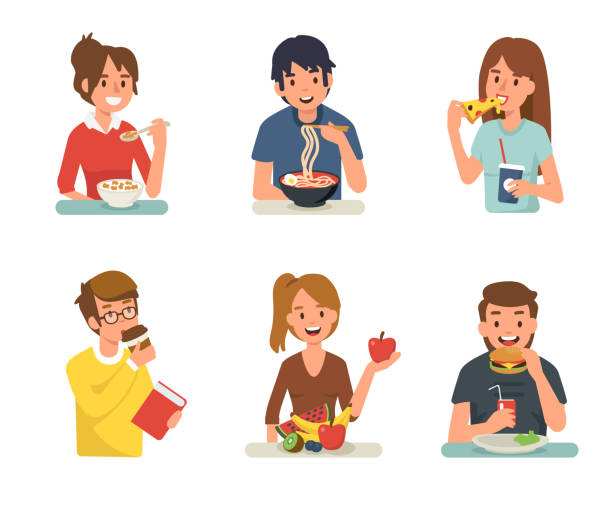 people eating People eating different meals. Flat style vector illustration isolated on white background. breakfast illustrations stock illustrations