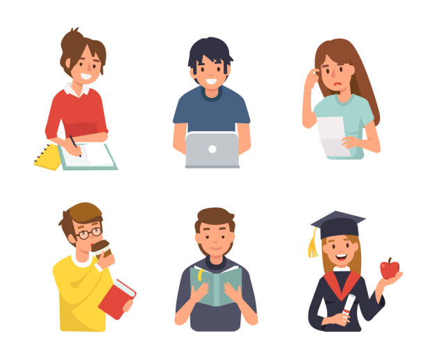 students Different student characters. Flat style vector illustration isolated on white background. boy and girl reading stock illustrations