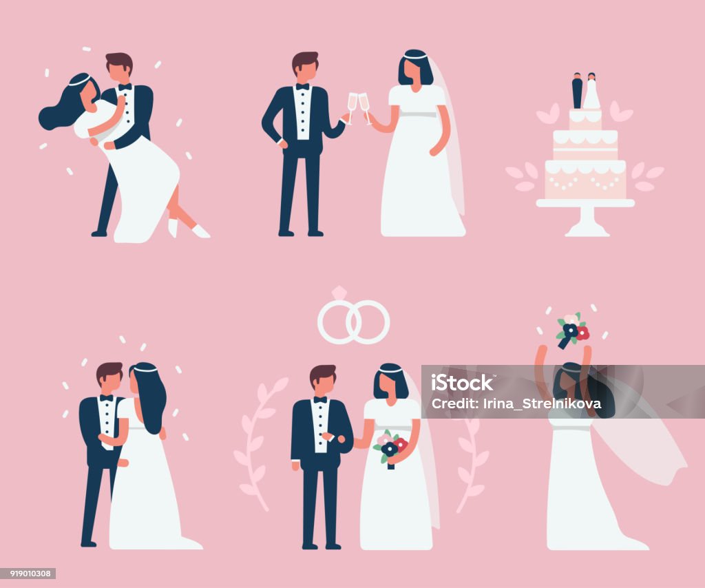 wedding Wedding couple stand, dance and celebrate together.Minimal flat style  Wedding stock vector