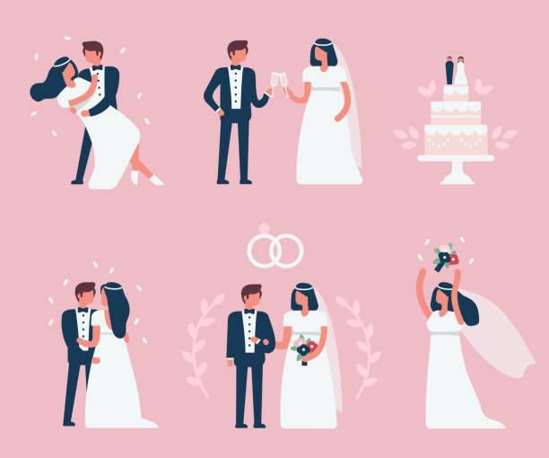 wedding Wedding couple stand, dance and celebrate together.Minimal flat style  marriage stock illustrations