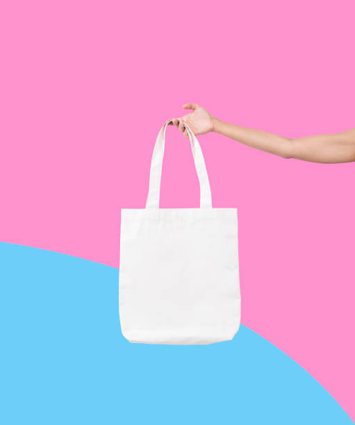 istock hand holding bag canvas fabric for mockup blank template isolated on color background. 919014918
