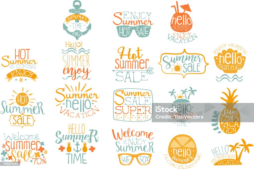 Mano dibuja elementos para el diseño de icono caligráfico de verano. Vacaciones en la playa y conceptos de venta caliente. Rotulación con cócteles, islas tropicales, gafas de sol. Conjunto de vectores - arte vectorial de Verano libre de derechos