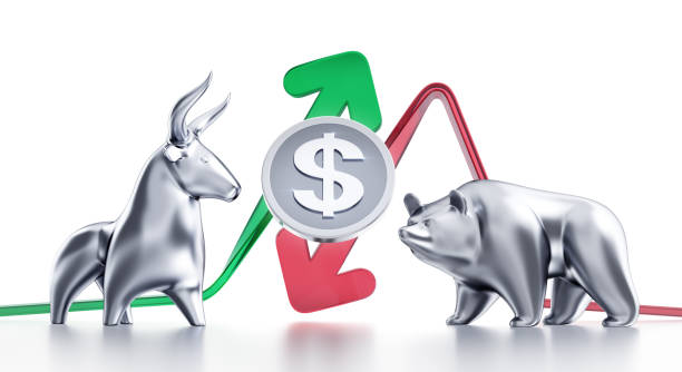Bullish And Bearish Trends Of Dollar Currency coin of Dollar in between of metallic statuettes of a bull and a bear in front of trending arrows. 3D rendering graphics on white background. drop bear stock pictures, royalty-free photos & images