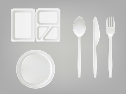 Vector 3d realistic disposable plastic lunch box with partition, plate, cutlery - spoon, fork, knife. Picnic party tableware isolated icons set on gray background. Template, mockup of eco kitchenware