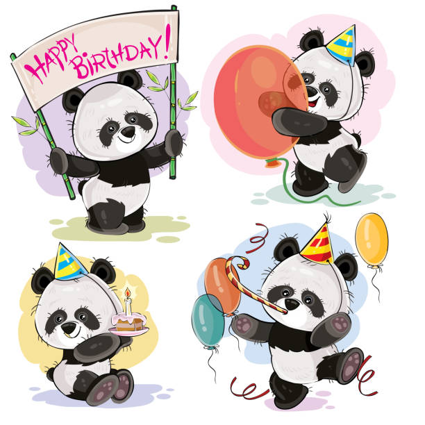 Happy birthday vector set with baby panda bears Set vector cute baby panda bears in cardboard hats, with cake and candle, with happy birthday banner, balloons and whistle cartoon illustration. Clipart, print for greeting cards, party invitations happy birthday panda stock illustrations