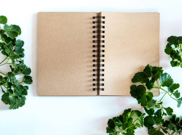 istock Kraft paper spiral notebook with green leaves as frame 919109018