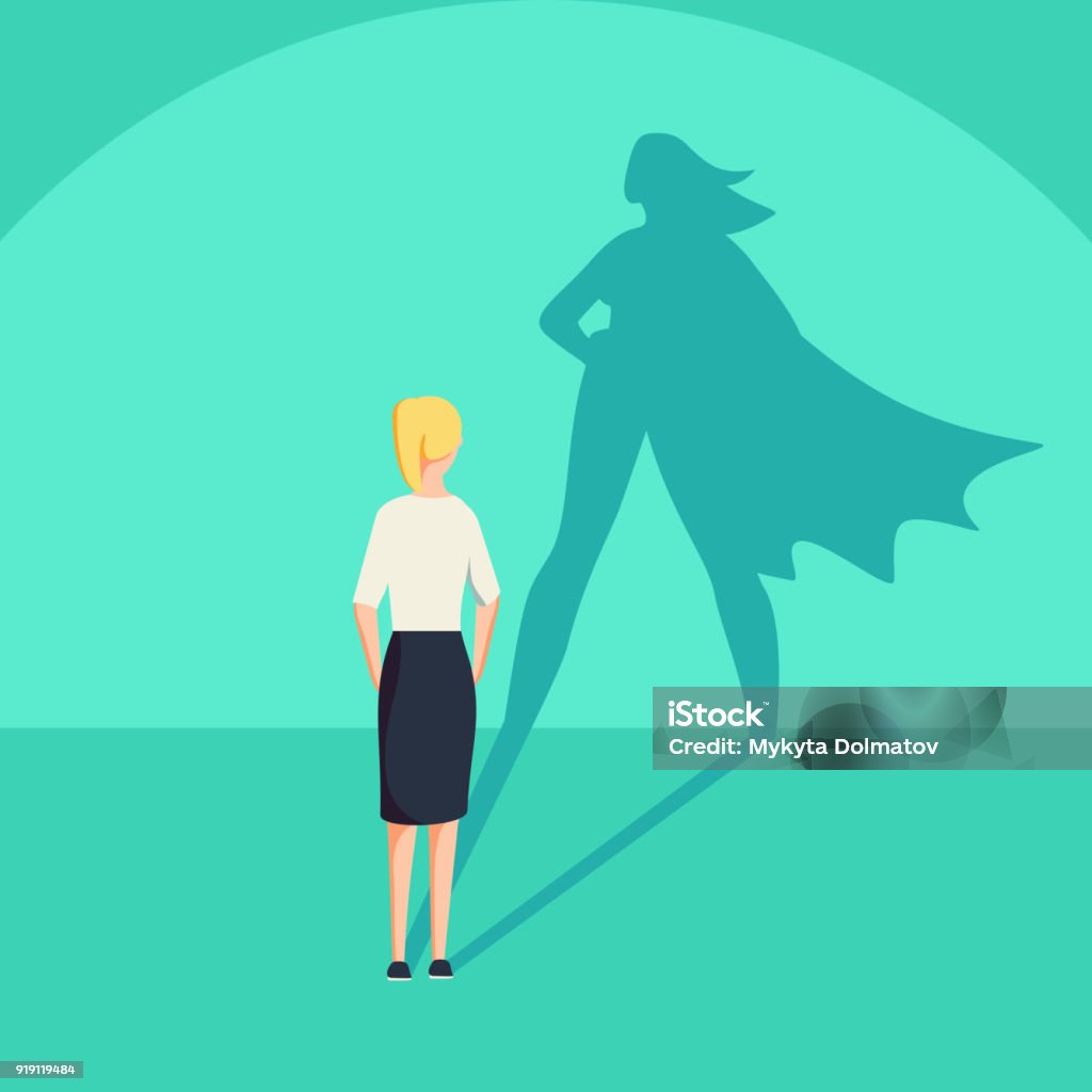 Businesswoman with superhero shadow vector concept. Business symbol of emancipation ambition and success motivation. Businesswoman with superhero shadow vector concept. Business symbol of emancipation ambition and success motivation. Leadership or courage and challenge. Eps10 vector illustration. Women stock vector