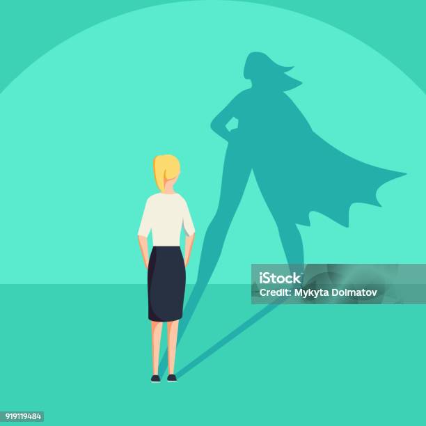 Businesswoman With Superhero Shadow Vector Concept Business Symbol Of Emancipation Ambition And Success Motivation Stock Illustration - Download Image Now