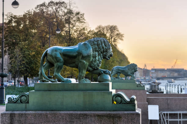 Statue of a lion at the Admiralty embankment, St. Petersburg, Russia