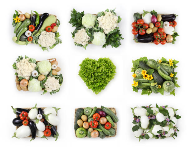 verduras cesta vista superior con lechuga de forma de corazón aislada sobre fondo blanco, banner web y copia espacio plantilla - vegetable basket fotografías e imágenes de stock