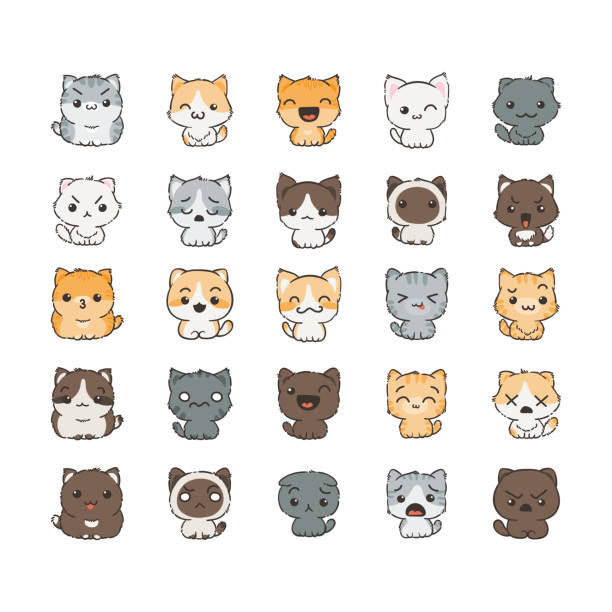 Cute cartoon cats and dogs with different emotions. Sticker collection. Cute cartoon cats and dogs with different emotions. Sticker collection. Vector set of doodle emoji and emoticons kawaii cat stock illustrations