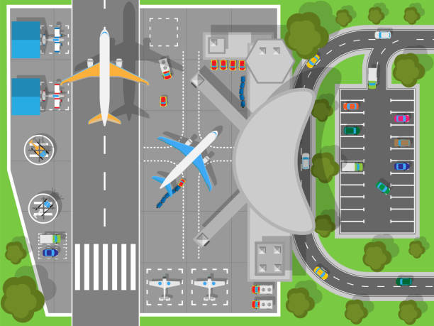 Airport a Top View. Terminal and Aircraft Airport top view. Terminal aircraft. Infrastructure of a large airport with hangars for aircraft and helicopter landing pad. Building of passenger terminal and parking for cars. Vector illustration airport aerial view stock illustrations