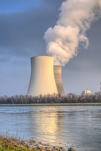 View of two cooling towers of a nuclear power plant in Germany on the River Rhine