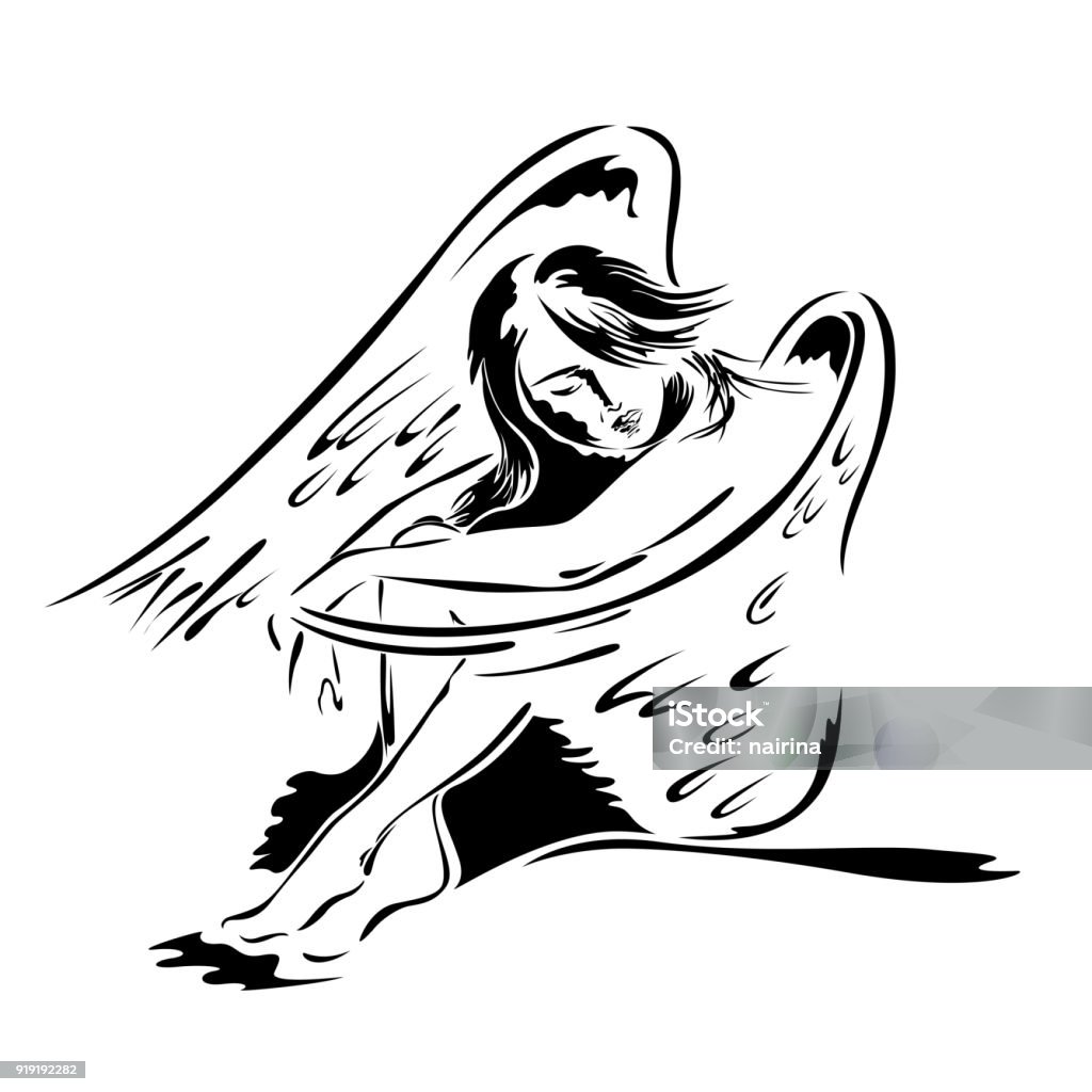 Beautiful woman angel in sitting posture Beautiful woman angel in sitting posture, art tattoo Angel stock vector