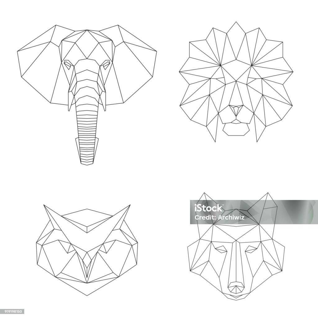 Vector geometric low poly illustrations set. Lion, elephant, wolf and owl animal heads. Animal stock vector